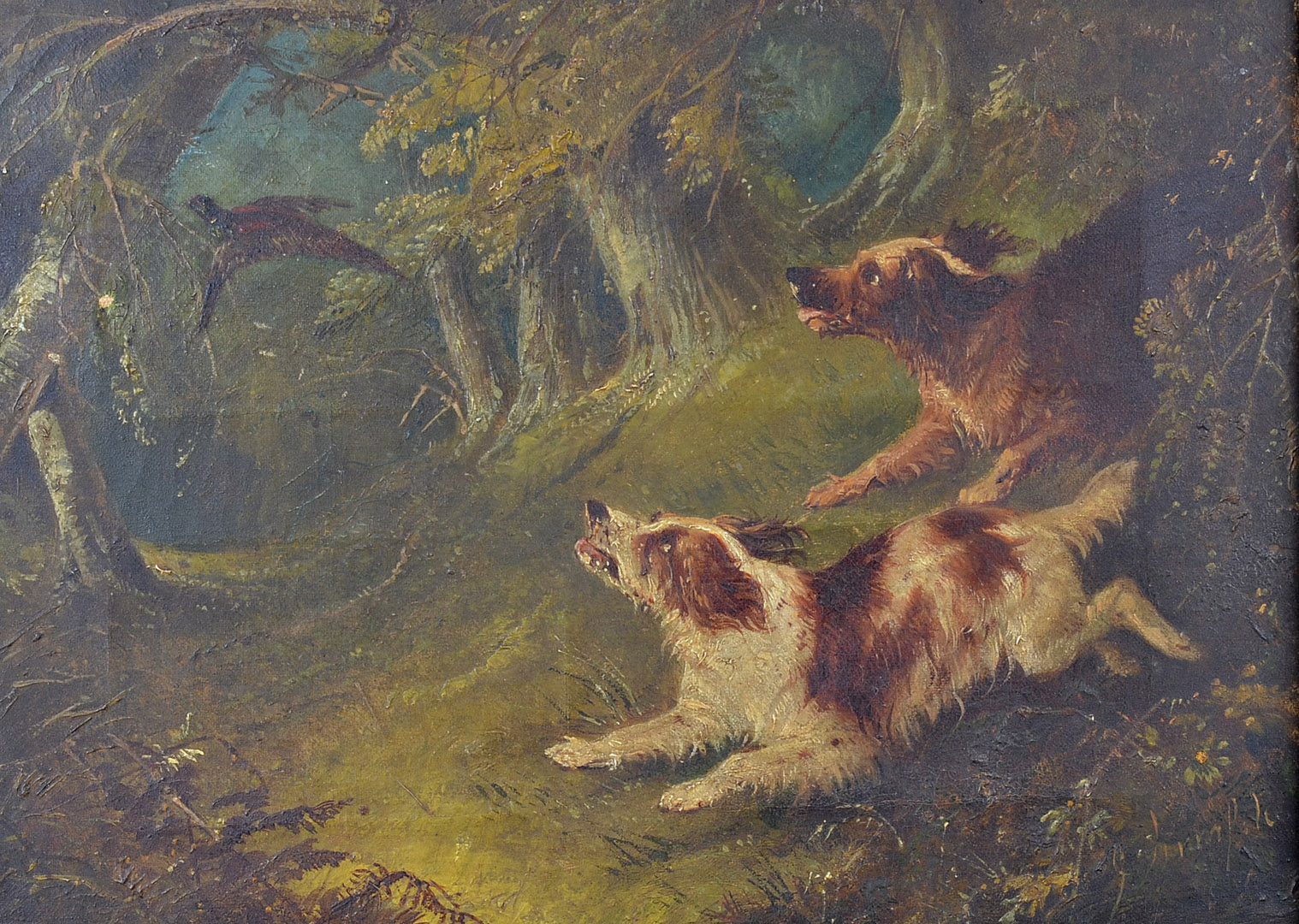 George Armfield (1808-1893), oil on canvas autumnal scene of spaniels in pursuit of a pheasant