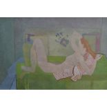 John Doubleday (b.1947), oil on canvas abstract reclining nude sun bather on lounger, signed and
