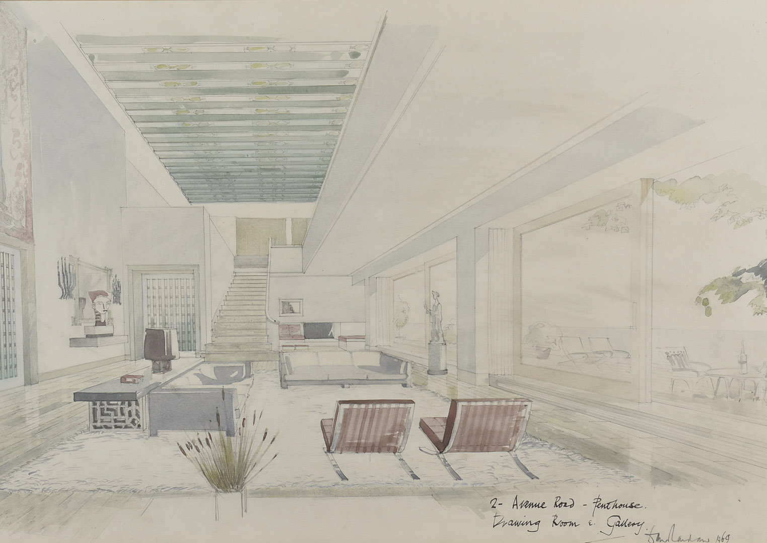 David Landaw (1915-2015), architectural interior design with Barcelona chairs in graphite and