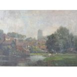 W.E. Fox (late 19th to 20th century), oil on canvas of river and town with church in background,
