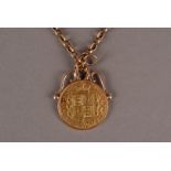 A Victorian full sovereign pendant on chain, the shield back and young head coin dated 1869 with