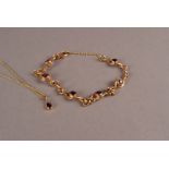 A modern 9ct gold and amethyst bracelet and pendant on chain, having six oval and twist links set