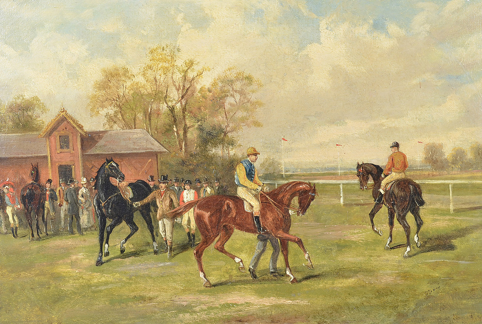 John Parker Davis (American 1832-1910), oil on canvas 'At the Paddock' of racehorses ready to run,