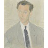 In the style of John Doubleday (b.1947), oil on canvas portrait David Landaw in a grey suite,