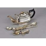 A George V silver teapot, of boat shape, Sheffield 1922, also a silver batchelors knife, fork and