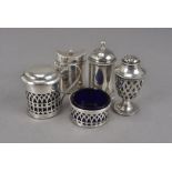 A group of five silver cruet items, all of similar design, marked differently, three having blue