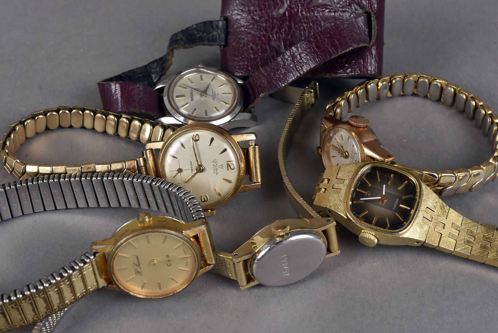 A group of six ladies wristwatches, including Seiko, Sekonda, Oris and H.Samuels, most yellow
