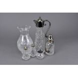 A silver plated claret jug, with moulded glass body 29cm high, two silver plated bottle lables one