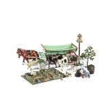 Lot of loose farm accessories including well refurbished Britains 5F waggon, log waggon, lily