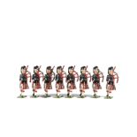 Britains loose set 69 Pipers of the Scots, 1920s version with feather bonnets, now with 8 men,