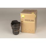 A Nikon AF-S Nikkor ED N f/2.8 14-24mm Lens, black, serial no. 539162, body, VG-E, elements, VG-E,