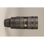 A Nikon AF-S Nikkor ED N VR II f/2.8 70-200mm Lens, black, serial no. 20235844, body, E, elements,