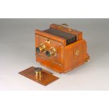 An Unmarked Stereo Mahogany Tailboard Camera, 4¾ × 6½, with two unmarked f/8 brass lenses, body, VG,