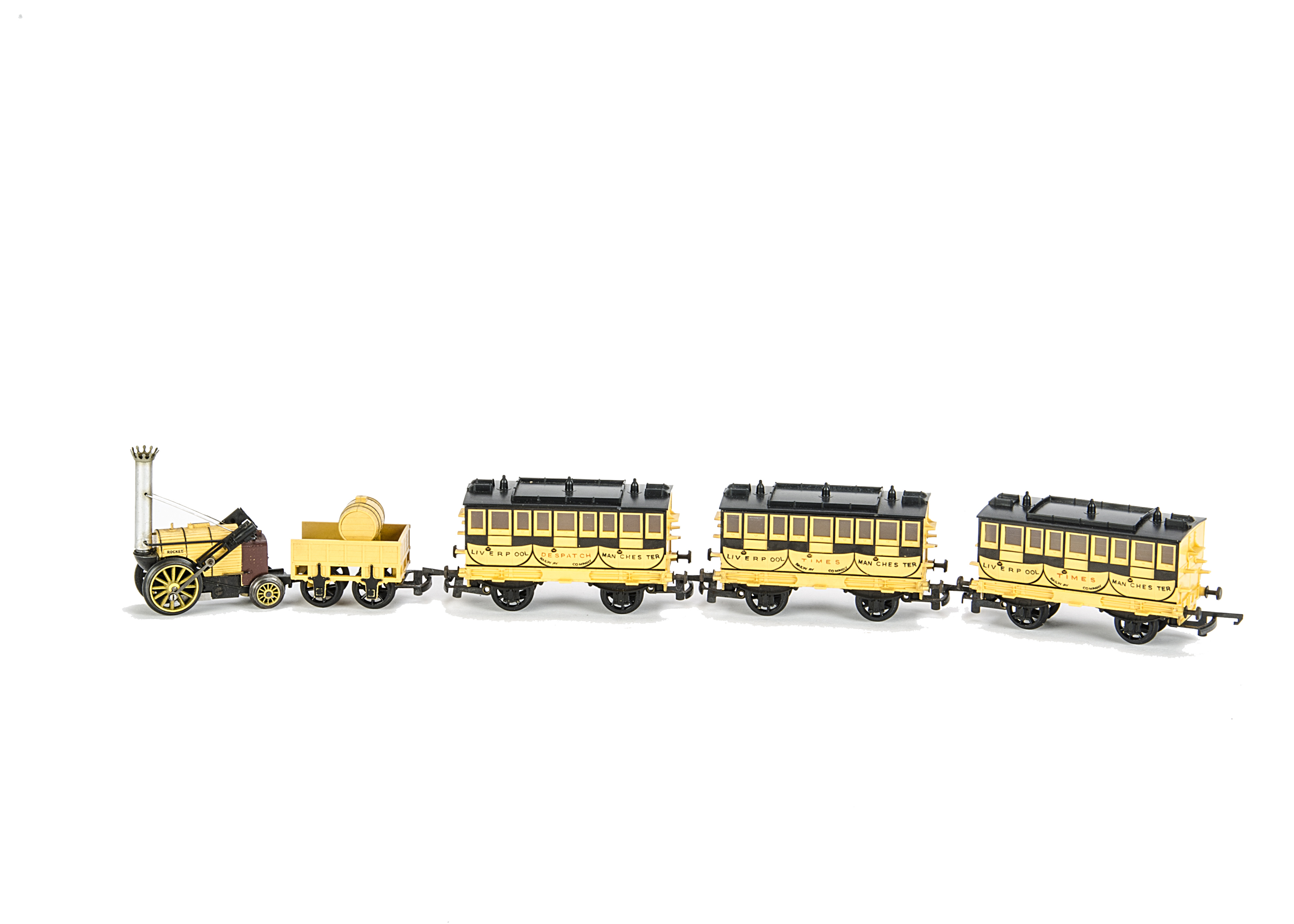 Tri-ang 00 Gauge Stephenson's Rocket and Coaches, unboxed Rocket and tender together with three