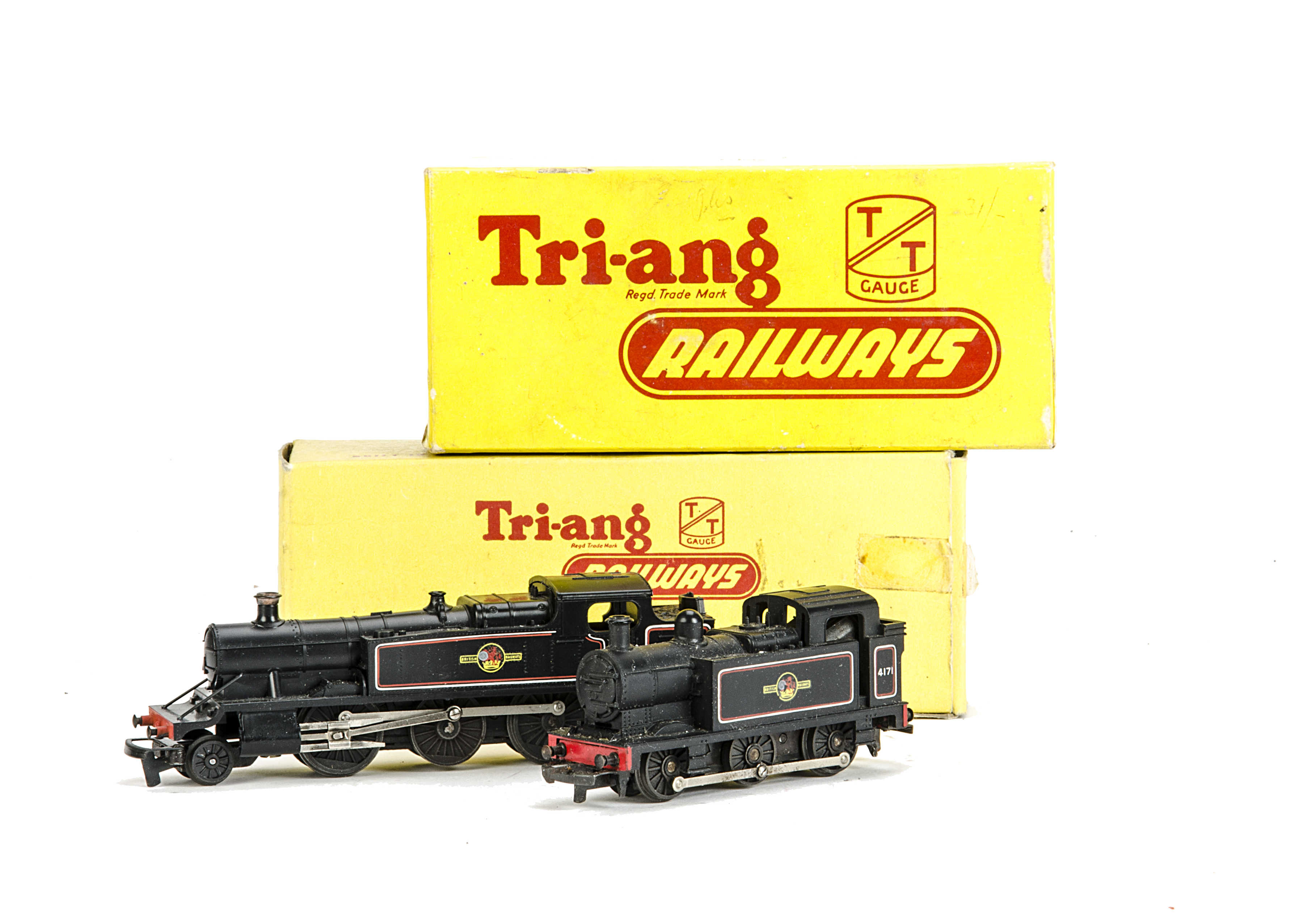 Tri-ang TT Gauge BR lined black Tank Locomotives, a T99 2-6-2T, with copper chimney cap and T90 0-