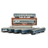 Liliput OO Gauge Plastic Grey/Blue Pullman and Trix BR Blue Coaches, five of the uncommon grey/