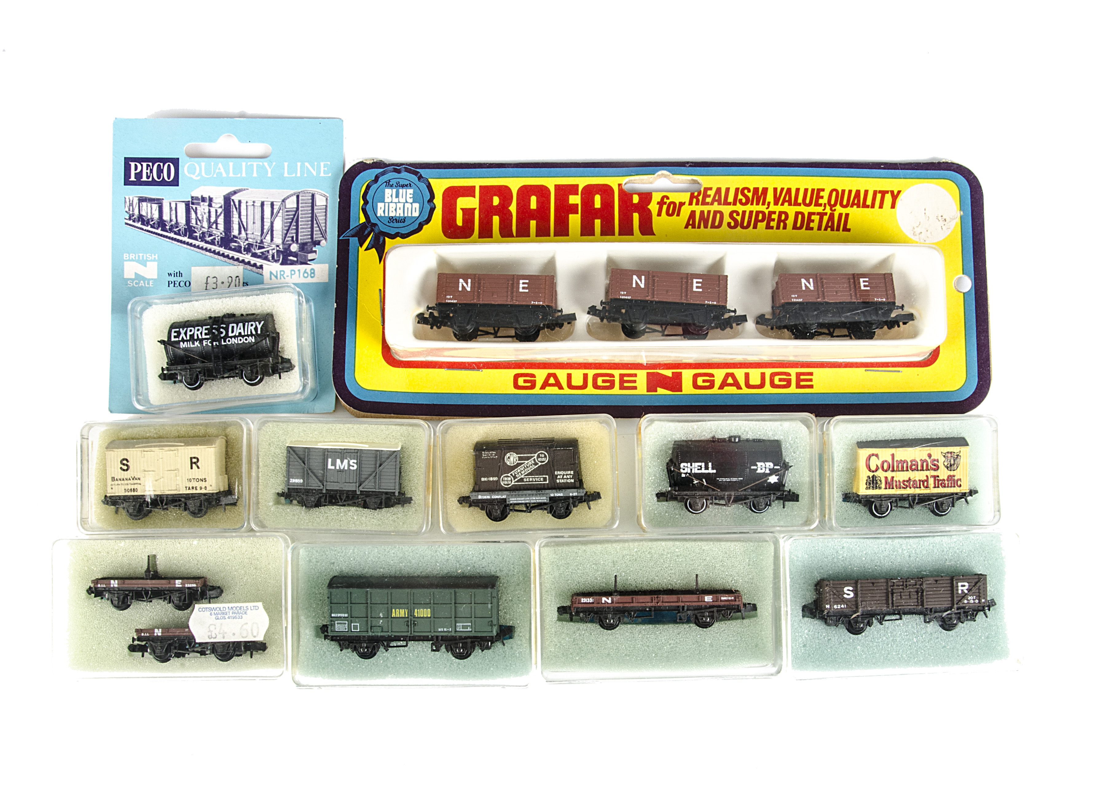 Peco N Gauge Freight Stock, including Colman's Mustard, Lyons Tea, Express Dairy and Royal