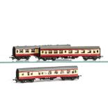 Repainted Tri-ang TT Gauge Red and Cream Coaches, comprising dining car, brake and Ist/2nd,