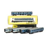 Trix OO Gauge Plastic Grey/Blue Pullman and BR Blue Coaches, five of the uncommon grey/blue BR