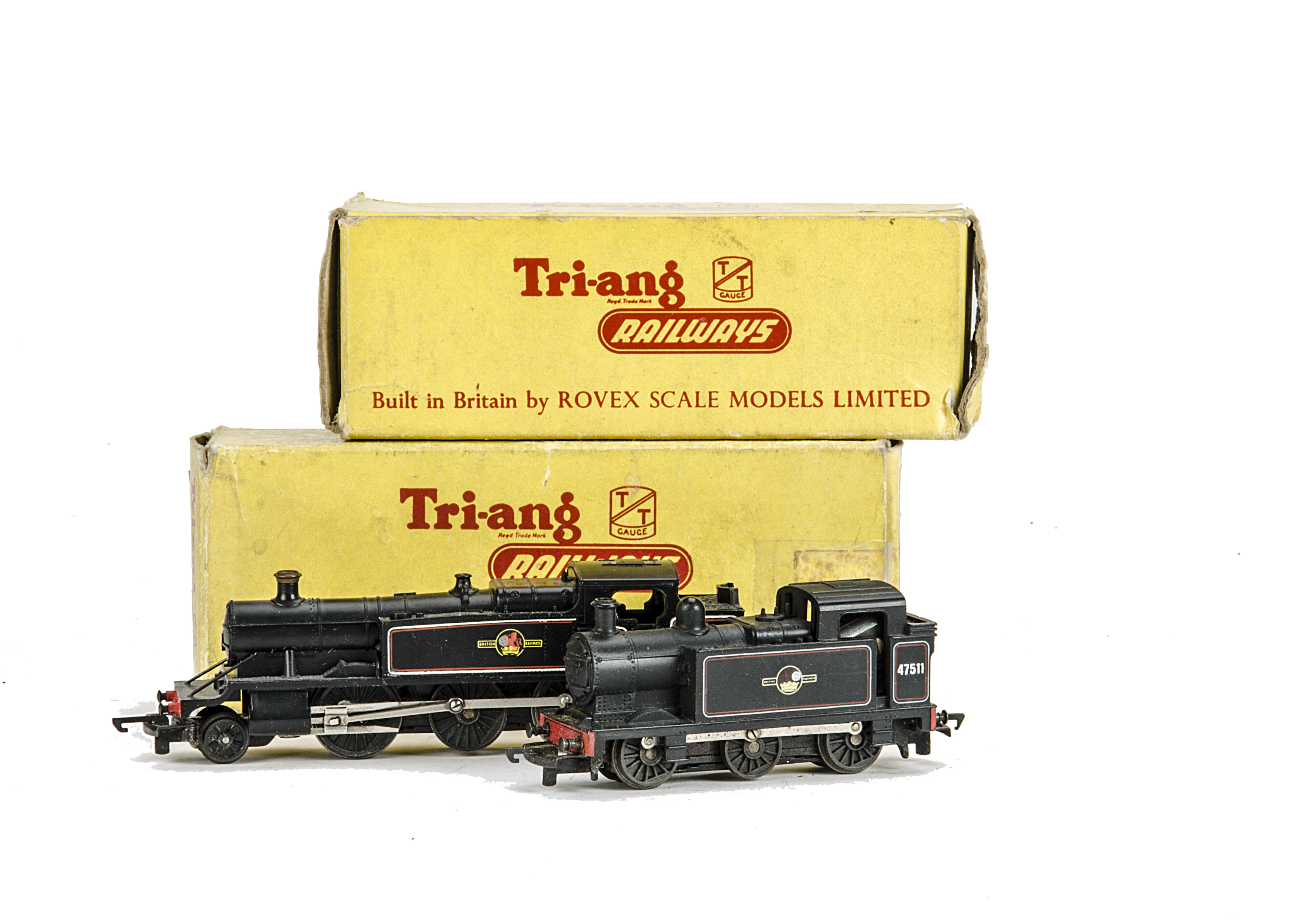 Tri-ang TT Gauge BR lined black Tank Locomotives, T99 2-6-2T, with copper chimney cap and T90 0-6-