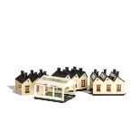 Triang TT unboxed Engine Sheds and Diesel Sheds, five examples of engine sheds, three without track,