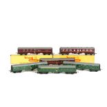 Tri-ang TT Gauge Late Issue green and maroon Coaches, maroon restaurant car and brake, both in