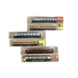 Minitrix N Gauge Passenger Stock, including 5 BR Mk 1 stock in maroon livery, 4 more in blue/grey,