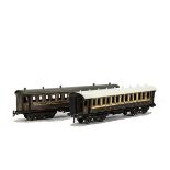 Two Bassett-Lowke O Gauge LNWR/LMS Dining Saloons, the classic Carette-styled 12-wheel design, one