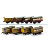 Hornby O Gauge Post-War Coaching Stock, comprising 3 LNER teak coaches and two brakes, 4 BR