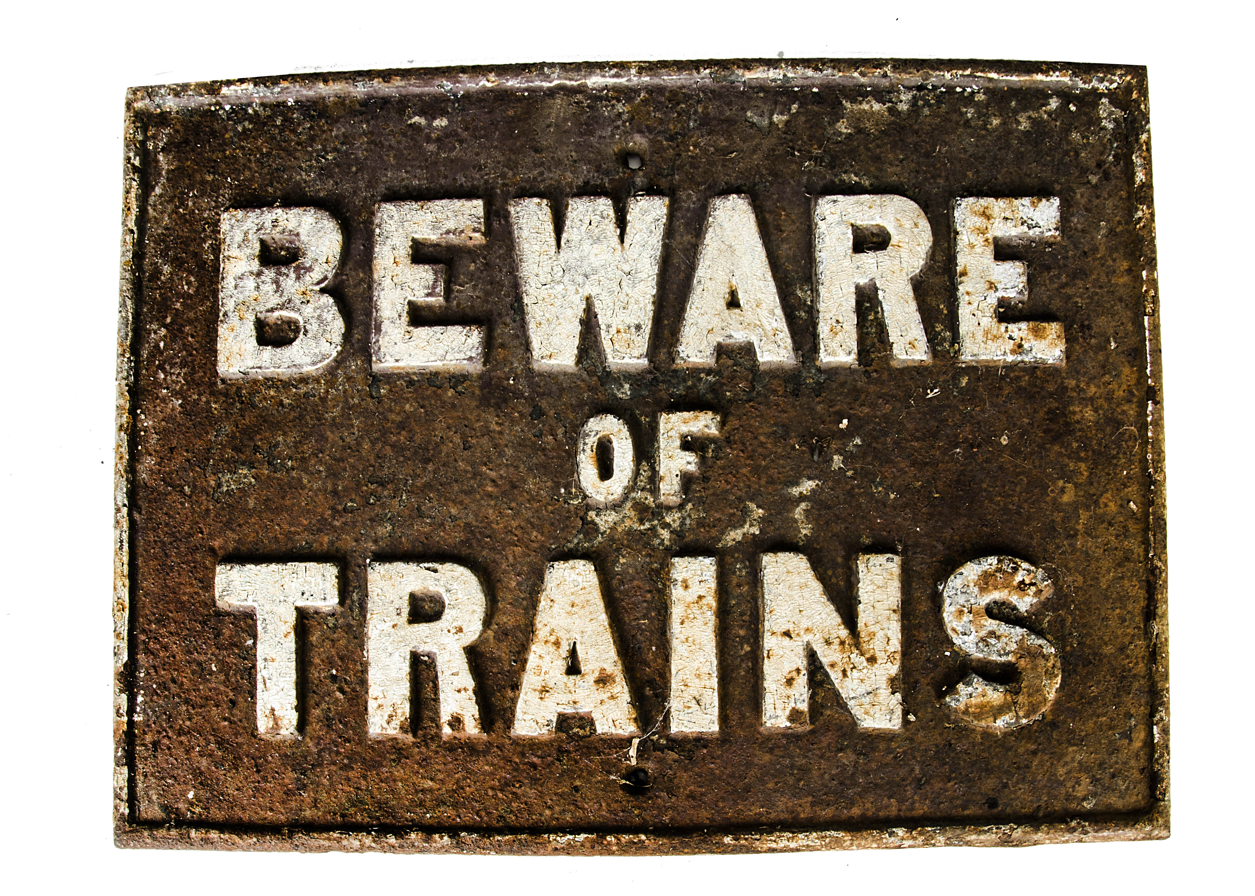 A Cast Iron 'Beware of Trains' Notice, measuring approx 20" x 14", not designated to any