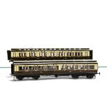 Two Finescale O Gauge Kit-built GWR Corridor Clerestory Coaches, from Mallard Models kits,