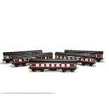 An ACE Trains O Gauge C/2 Corridor Coach Set, containing 5 coaches in LMS crimson livery with