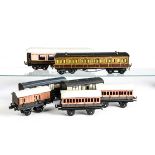 Repainted Vintage O Gauge Coaching Stock by Various Makers, including Bing Pullman Saloon in LSWR