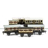 Vintage L&NWR O Gauge Coaching Stock by Bing and Bub, comprising 4 Bing four-wheelers of three
