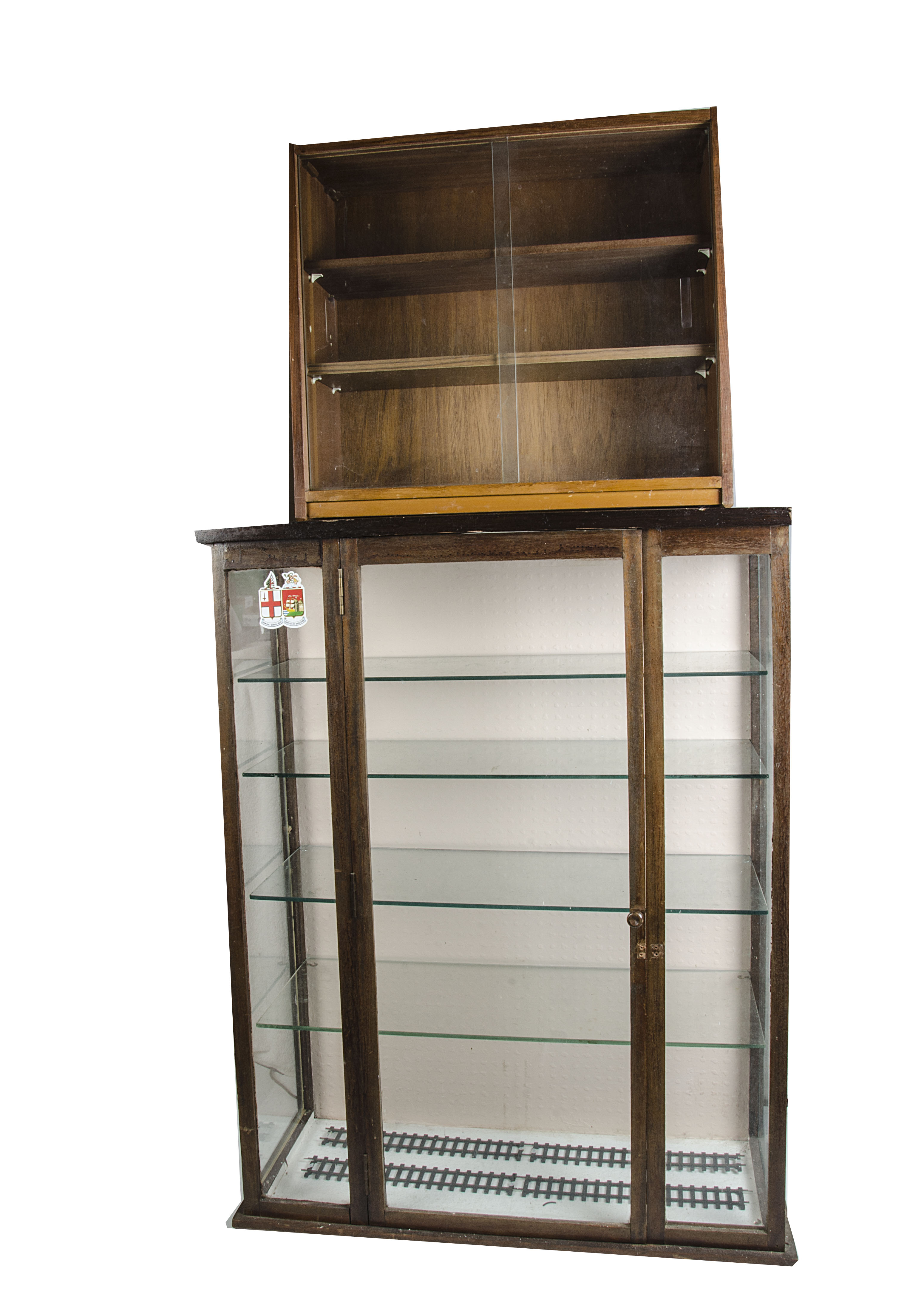 Two Collector's Display Cabinets, the larger measuring 42" high x 32" wide x 13", with 4 glass