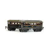 Two Märklin O Gauge Short Tinplate Wagons-Lits Coaches, in CIWL blue livery, the dining car with