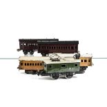 A Continental Electric O Gauge Locomotive and Coaches by Stronlite, including 0-4-0 pantograph