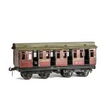 A Carette for Bassett-Lowke Gauge 1 Midland Railway Short Bogie Coach, in MR crimson livery as no