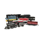 A Marx American O Gauge Electric Steam Freight Train and Cast Iron Trains, comprising black Marx '