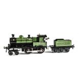 An Early Bing O Gauge Clockwork 4-4-0 Locomotive with Repro Tender, the locomotive in green with