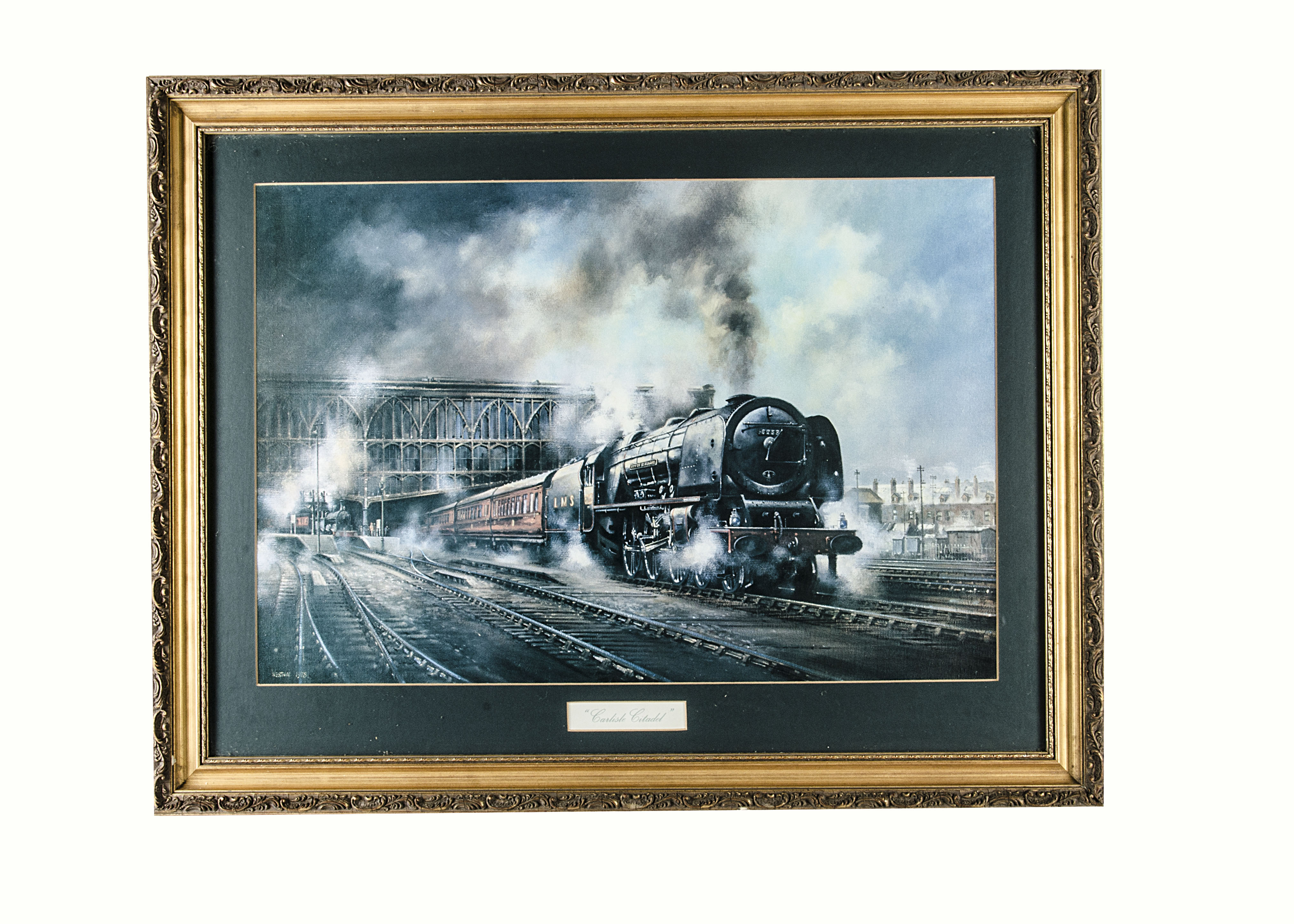 A David Weston Print of Duchess Class 'City of St Albans', pulling out of Carlisle, glazed with a