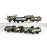 Hornby O Gauge 'Nut-and-Bolt' Freight Stock, comprising 2 MR and 1 GN open wagons with clip-on