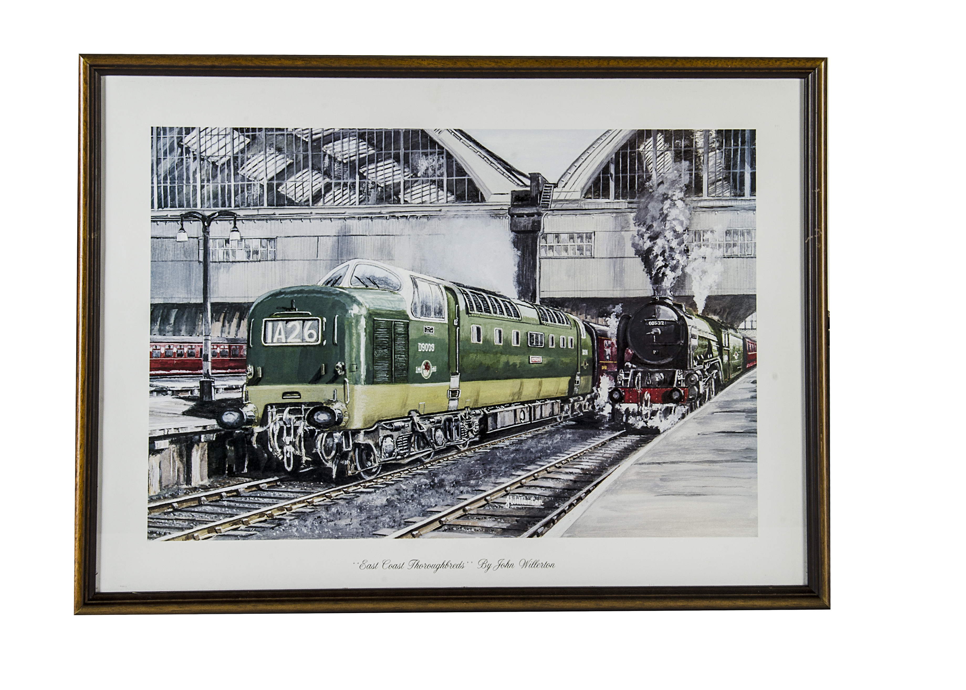 A Framed Print 'East Coast Thoroughbreds' by John Willerton, depicting 'Deltic' D9009 and A2 class