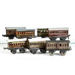 Bing O Gauge 4-wheel British Coaching Stock, including four different GWR stock and three Midland/