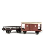 Two 2½" Gauge Wooden Freight Stock, comprising a NE brake van no 13987 with sprung axleboxes,