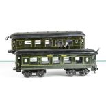 An O Gauge 3-rail Converted Bing 2-car Southern Electric set, a pair of Bing saloon coaches, one