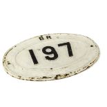 A Cast-Iron British Railways Oval Bridge Plate, approx. 18" x 12", in white with black lettering 'BR