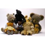 Post War European Teddy Bears, cotton blend and artificial plush and mohair, assorted colours,