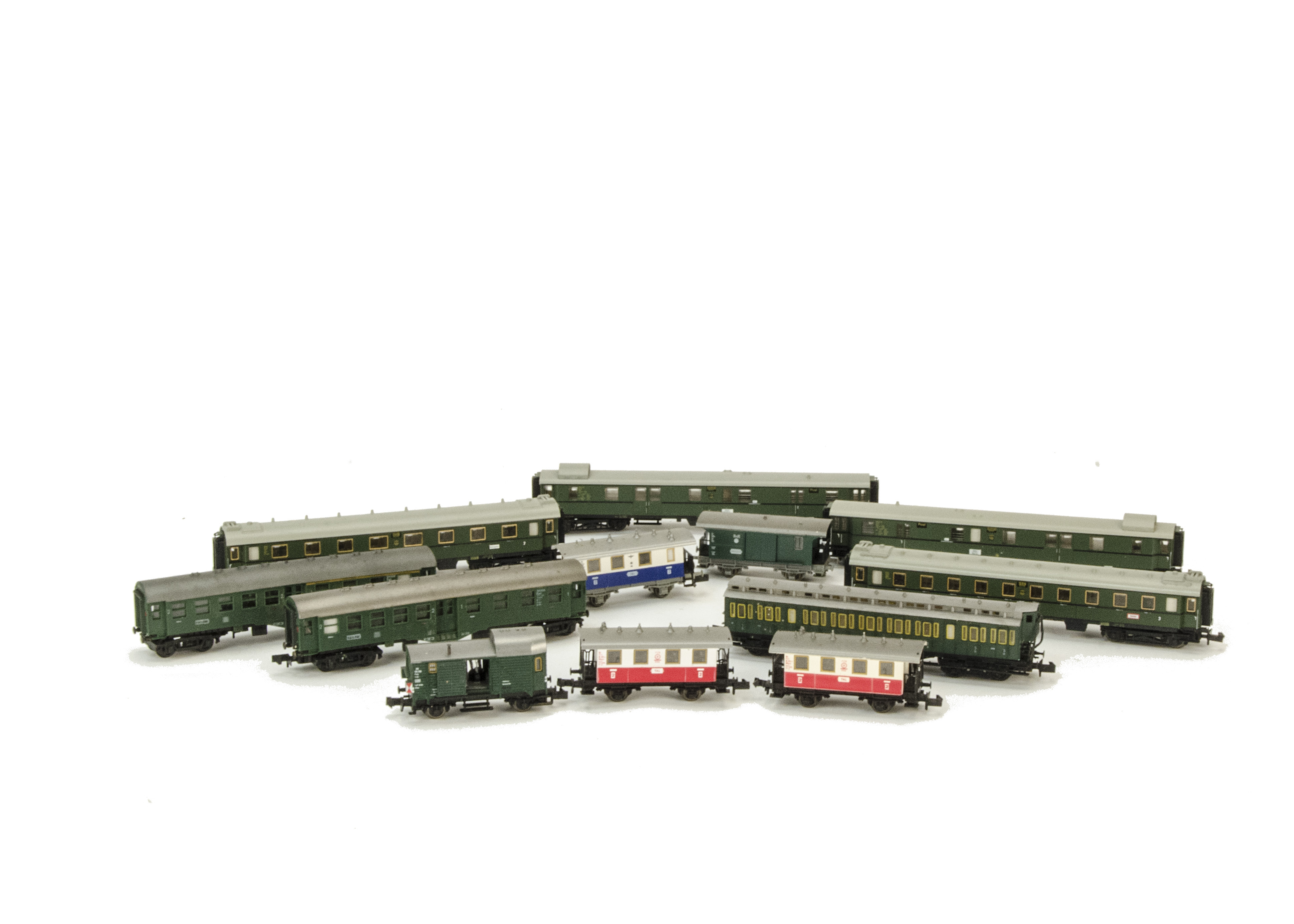 Unboxed Continental N Gauge Coaching Stock by Fleischmann Trix and others, including 29 4-wheeled