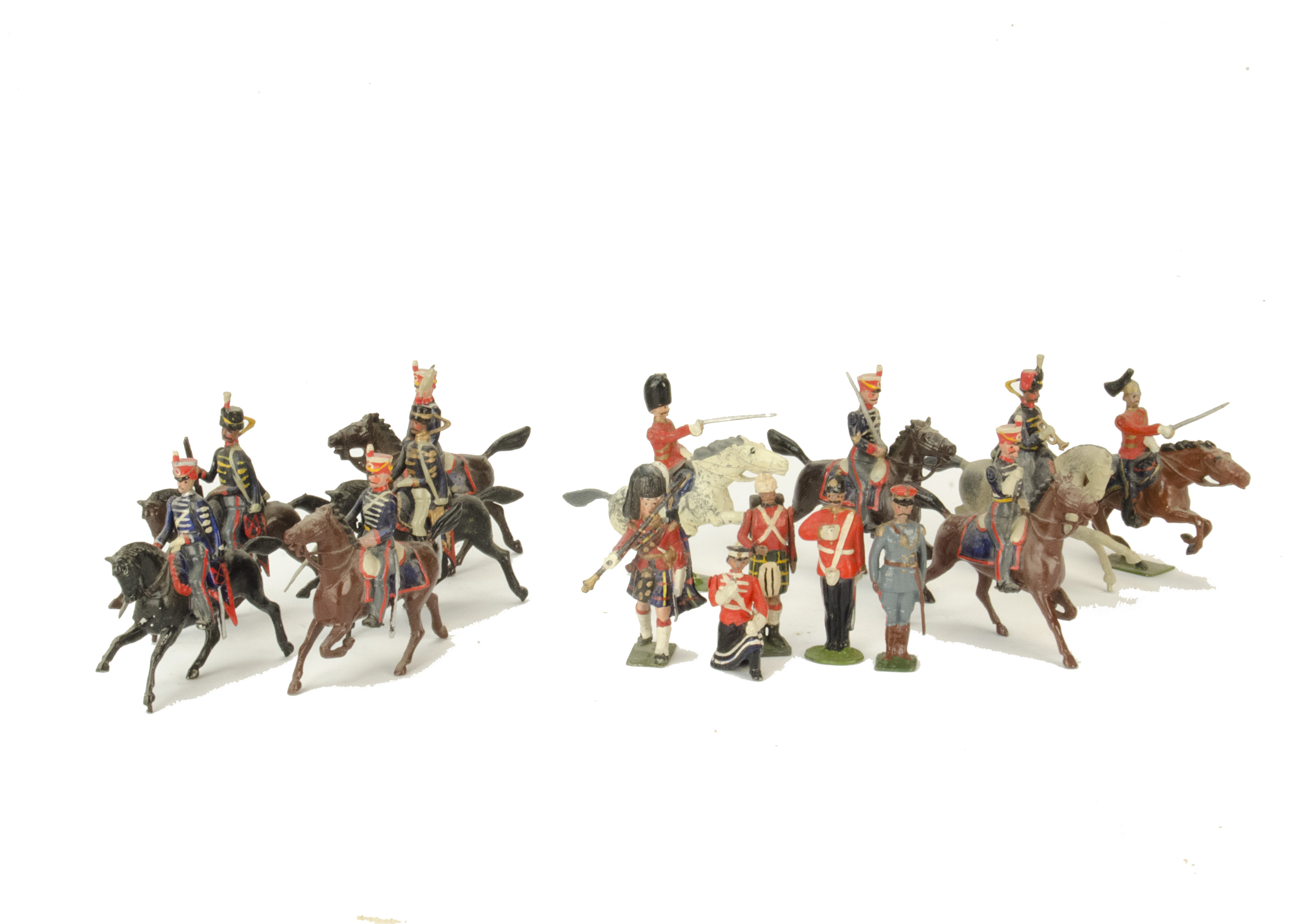 White metal copies of Britains figures including South American cavalry (10), Scots Greys (6),